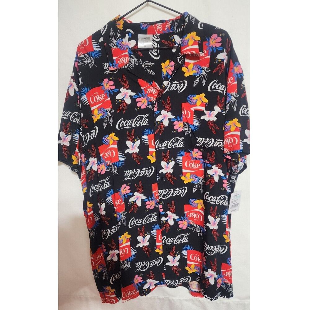 Coca-Cola Men's Hawaiian Shirt Size XL black with tropical flowers
